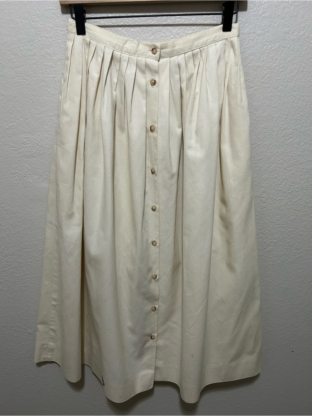 Ralph Lauren Cream 100% Cotton Button Front Pleated Midi Skirt Vintage Size 10